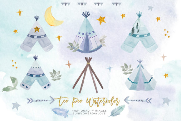 Blue Watercolor Boho Teepee Clip Art and Illustrations