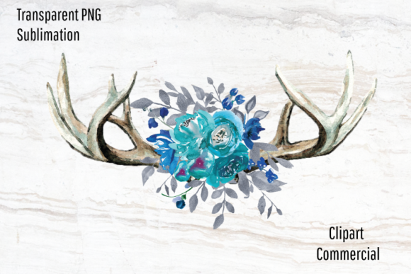 Boho Antlers, Teal Watercolor Flowers