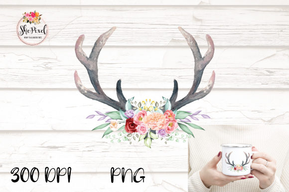 Boho Antlers Watercolor Clipart