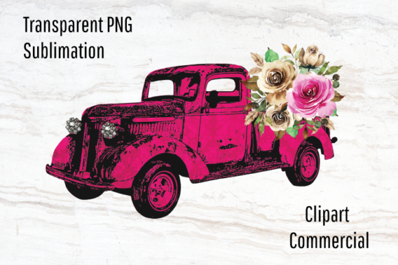 Pink Truck Clipart, Watercolor Flowers