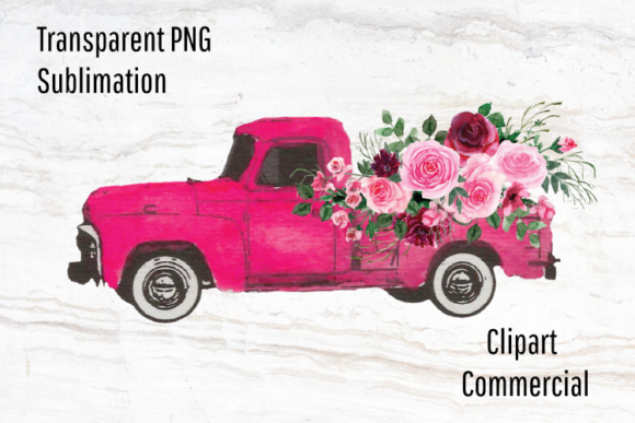 Pink Vintage Truck Watercolor Flowers Illustrations