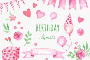 Pink Watercolor Birthday Cliparts Set and Illustrations