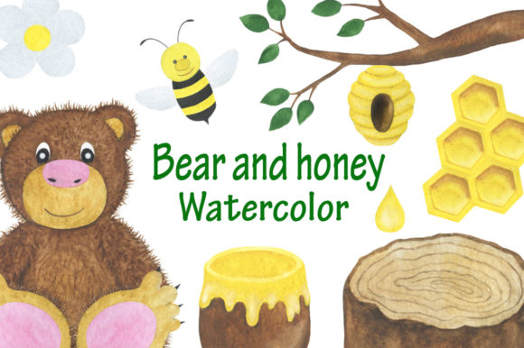 Set Bear and Honey Watercolor Children’s Illustrations