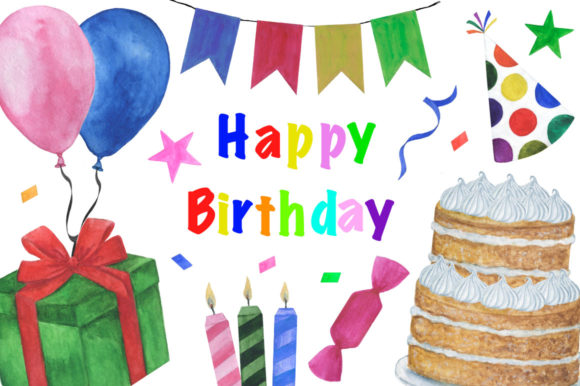 Set Birthday Watercolor Illustration