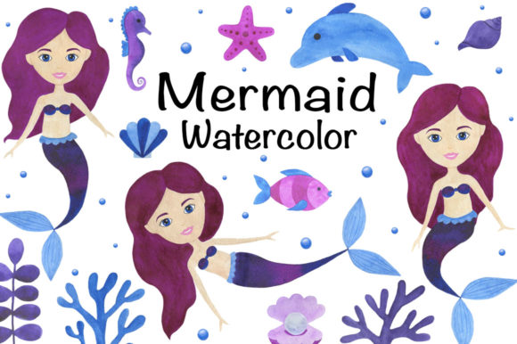 Set Mermaid Watercolor Illustration