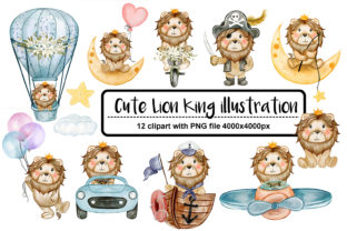 Set of Cute Baby Lion Watercolor Illustrations