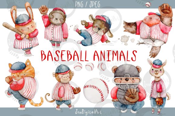 Watercolor Baseball Animals and Illustrations