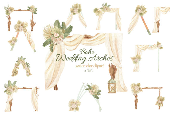 Watercolor Boho Wedding Arch Clipart and Illustrations