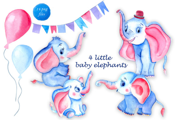 Watercolor Clipart of 4 Cute Elephants