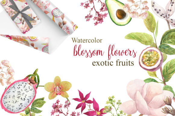 Watercolor Flowers, Exotic Fruits Illustrations