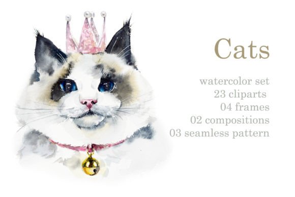 Watercolor Fluffy Cats Illustrations