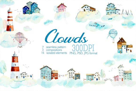 Watercolor Houses in Clouds