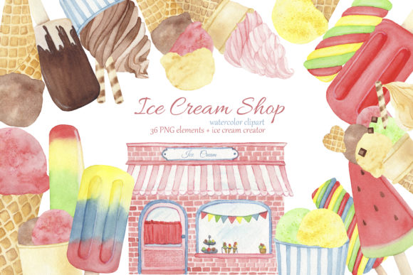 Watercolor Ice Cream Shop. Popsicle