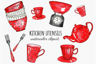 Watercolor Red Kitchenware Cliparts and Illustrations