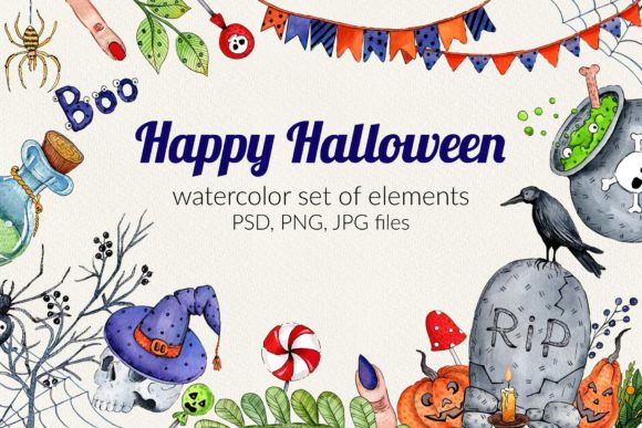 Watercolor Set for Halloween Illustrations